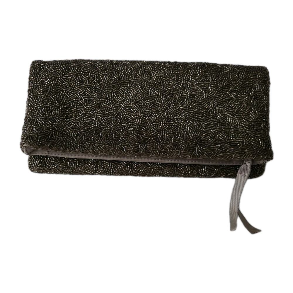 Vintage Beaded Envelope Style Clutch Zipper Metallic Banana Republic Gunmetal